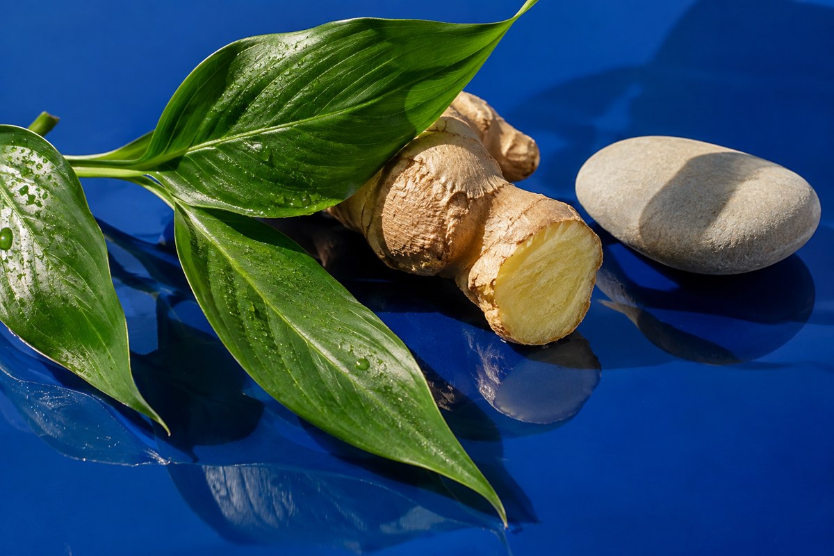 Ginger, foliage and a smooth stone arranged as a botanical still life