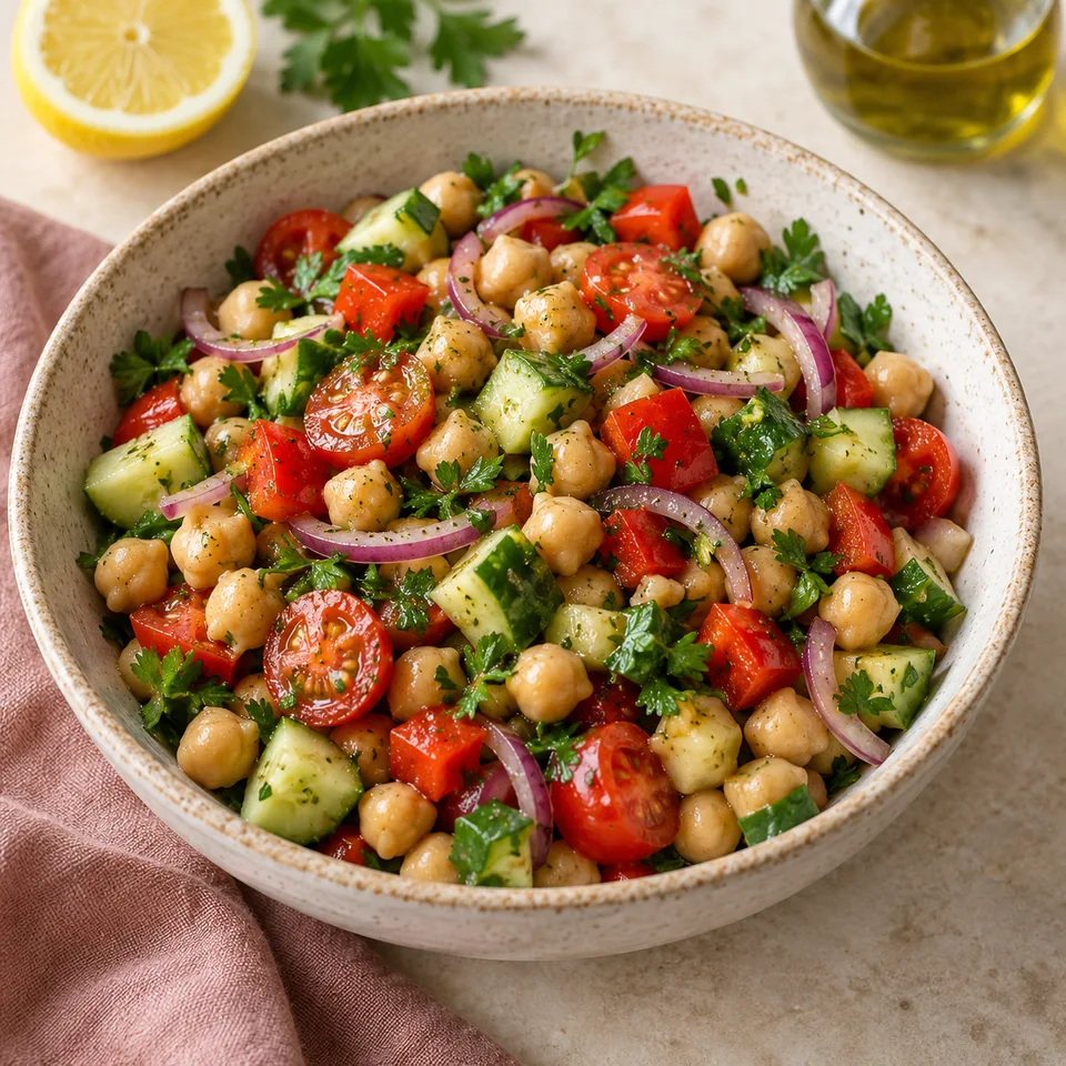 Chickpea salad with colourful vegetables and fresh herbs