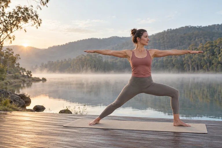 Woman practising yoga beside a tranquil lake at sunrise